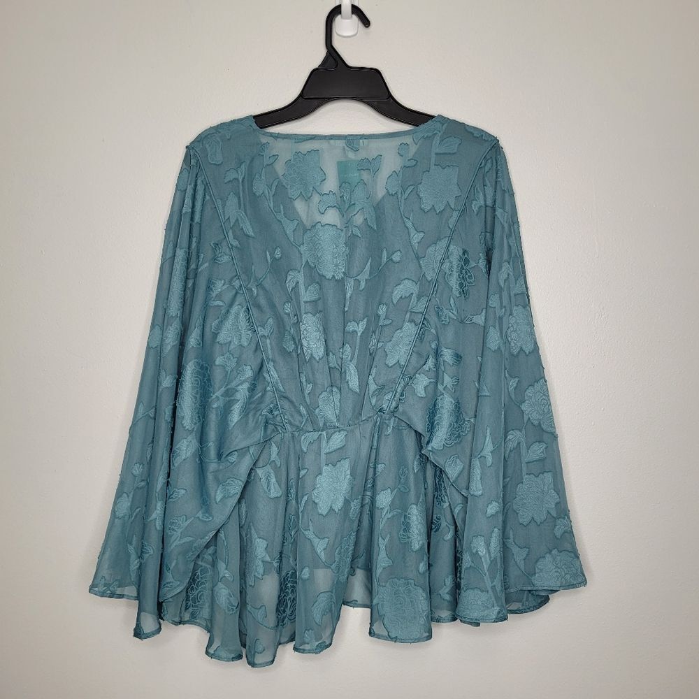 Maurices Jacquard Flounce Sleeve Peplum Teal Boho Ethereal Tie Waist Top XL NWT - Picture 3 of 7